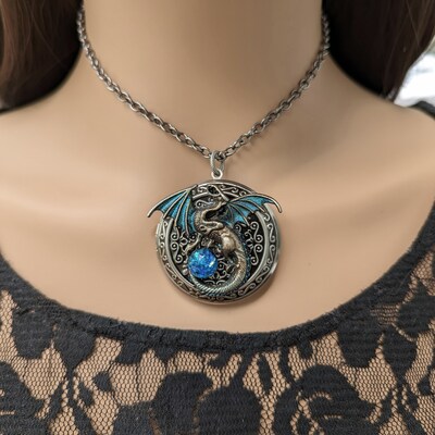 Large Bronze Dragon Locket Necklace with black opal replica, Fantasy jewelry, Gothic jewelry - image3